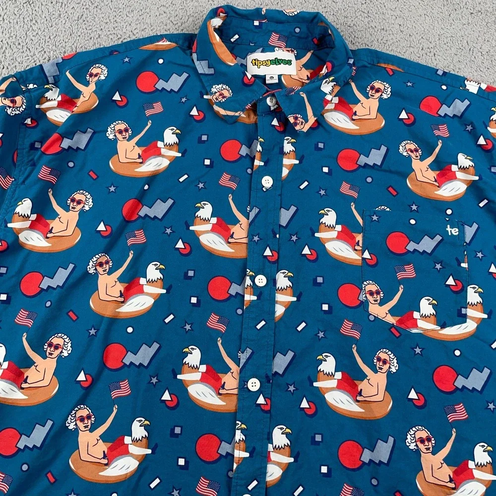 Tipsy Elves Shirt Mens 4XL Blue George Washington USA All Over Print Flag Fun - Picture 1 of 10